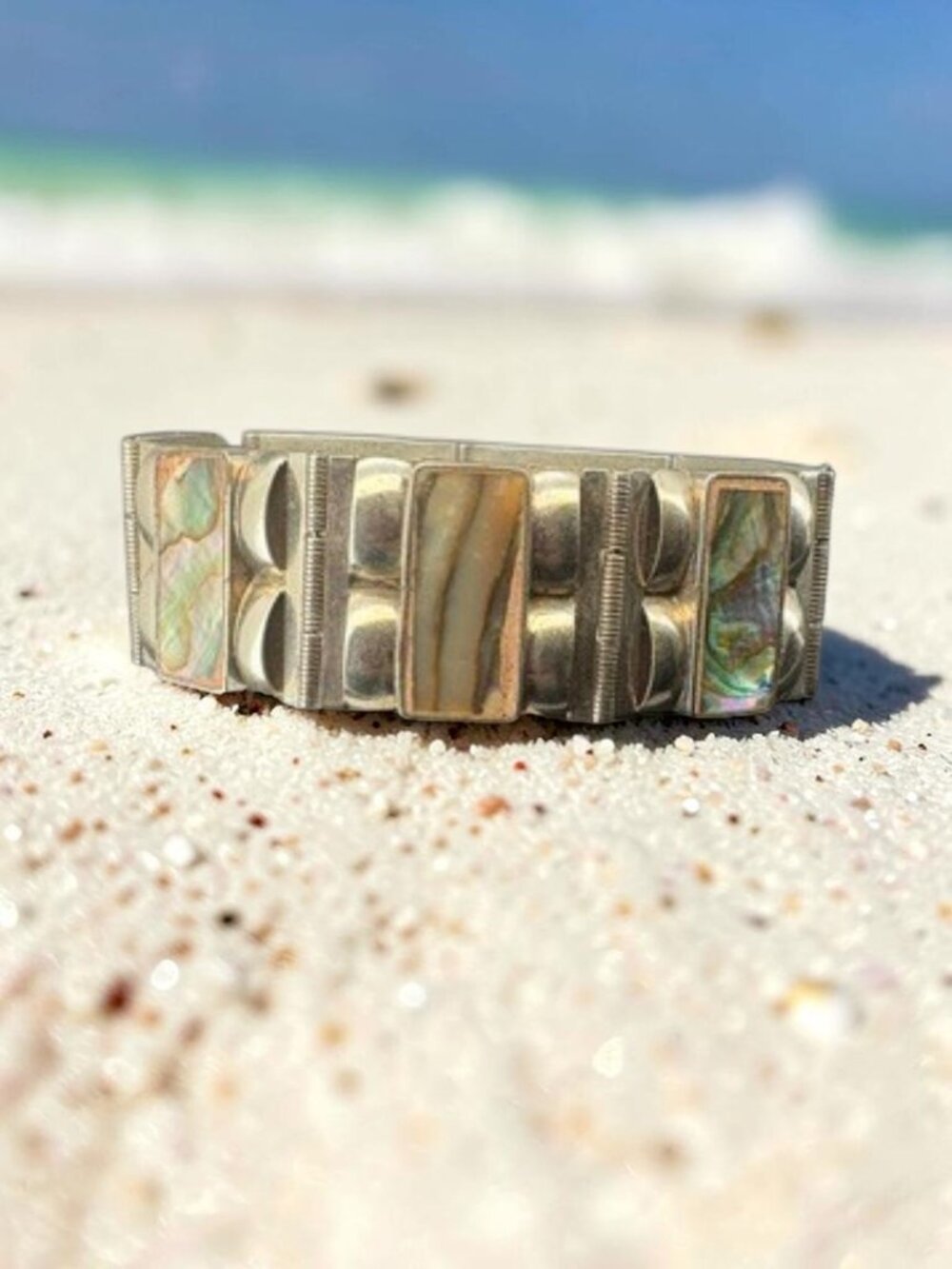 Vintage Hecho En Mexico Abalone Shell Panel Bracelet Silver Tone Hinged Link